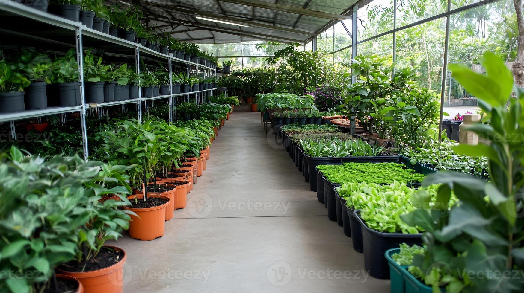 Lush nursery greenhouse with rows of plants