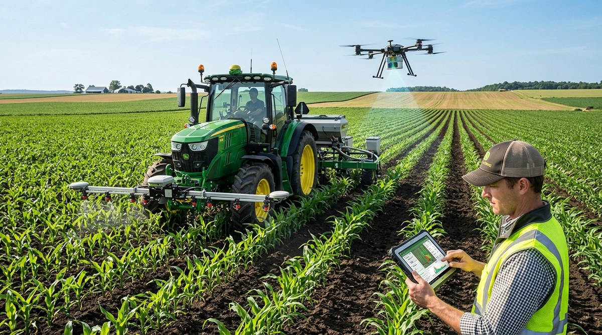 Modern tractor in green crop field